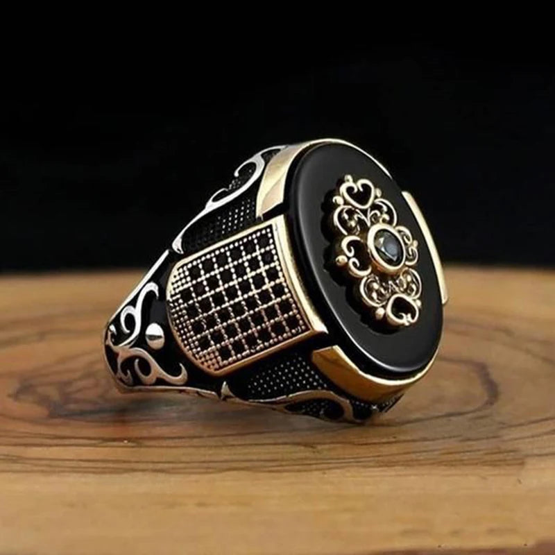 Men's Ring Retro Style Alloy Material Antique Silver Color Pattern Mysterious Artificial Zircon Inlay Trendy Party Luxury