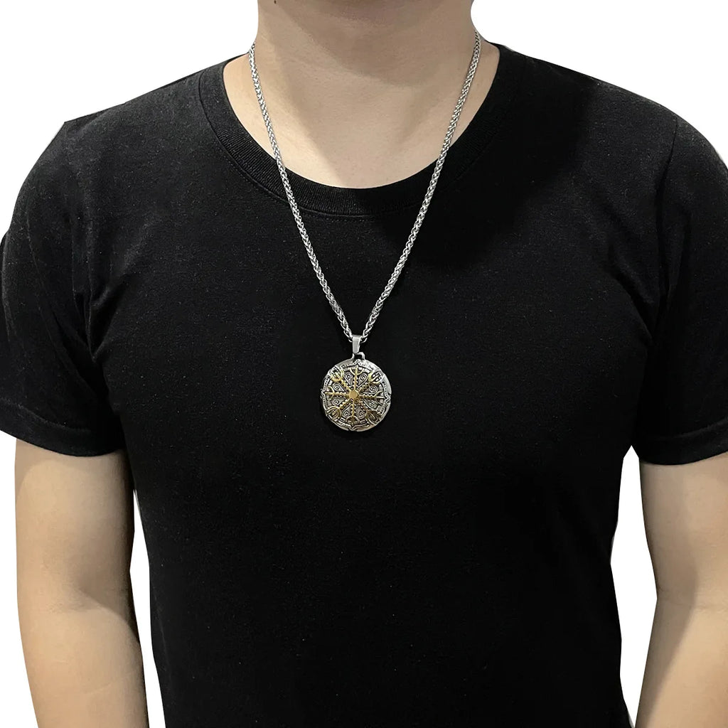 Viking Jewelry's Double-Sided Silver Plated Stainless Steel Pendant Trendy Vintage Butterfly Shape Compass Runes July Birthstone