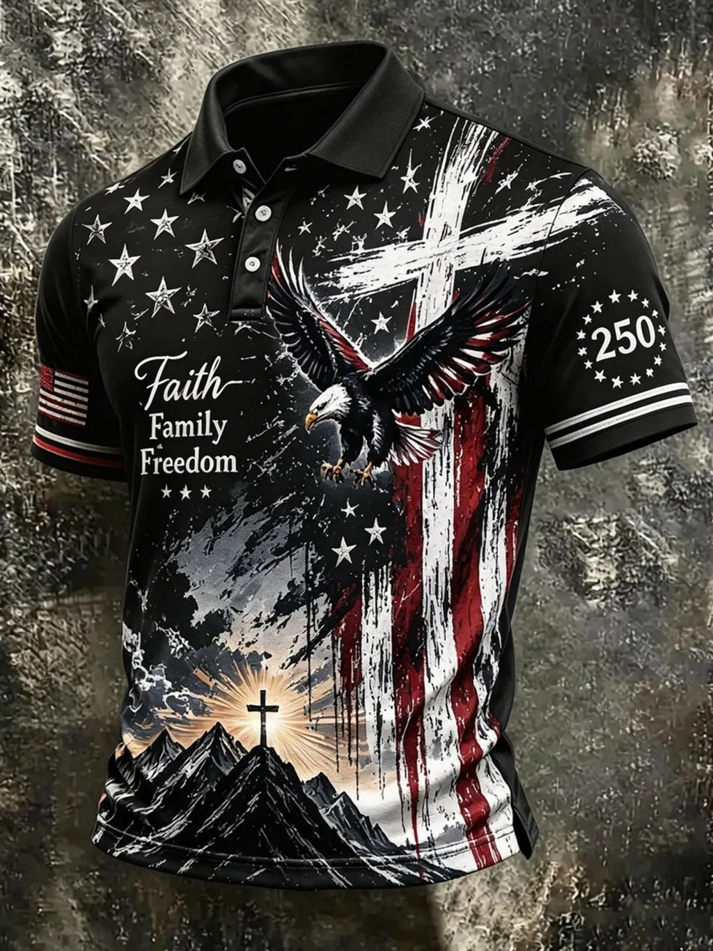 Men's Christian Patriotic Shirt, Fully Printed with an of an and a Mountain at Sunrise, Featuring Words Faith, Family, Freedom