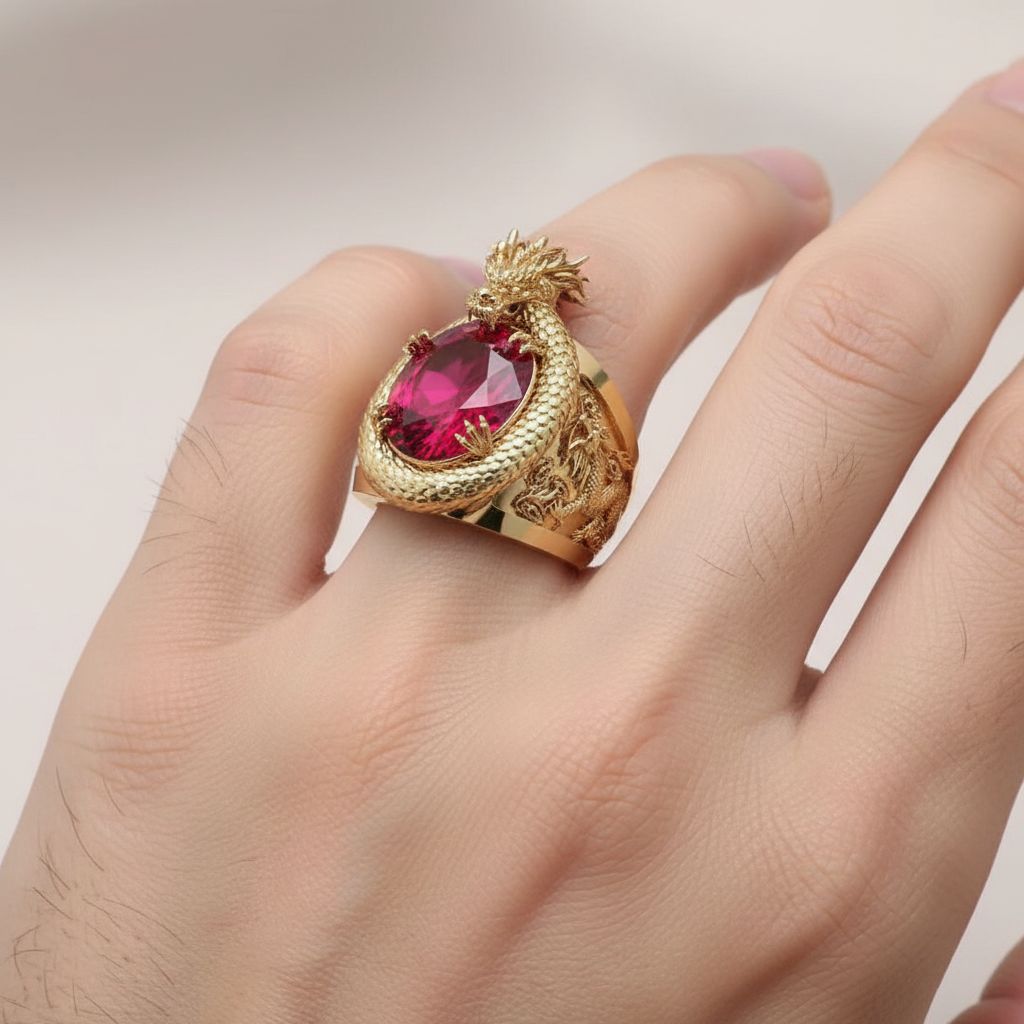 Huitan Luxury Gold Color Dragon Pattern Men Rings Inlaid Big Oval Red Stone Noble Wedding Party Finger Rings Male Trendy Jewelry