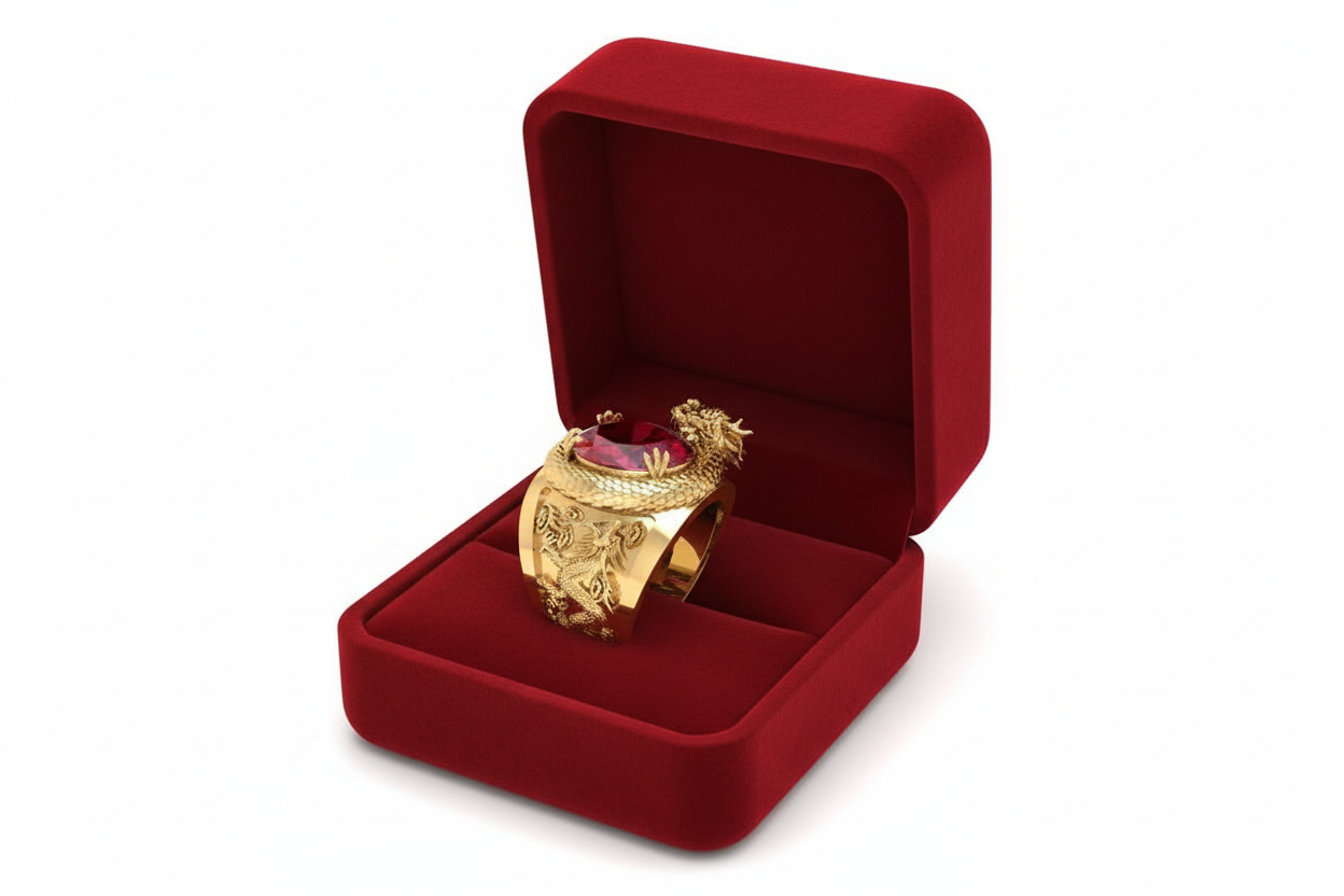 Huitan Luxury Gold Color Dragon Pattern Men Rings Inlaid Big Oval Red Stone Noble Wedding Party Finger Rings Male Trendy Jewelry