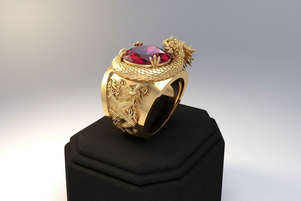 Huitan Luxury Gold Color Dragon Pattern Men Rings Inlaid Big Oval Red Stone Noble Wedding Party Finger Rings Male Trendy Jewelry