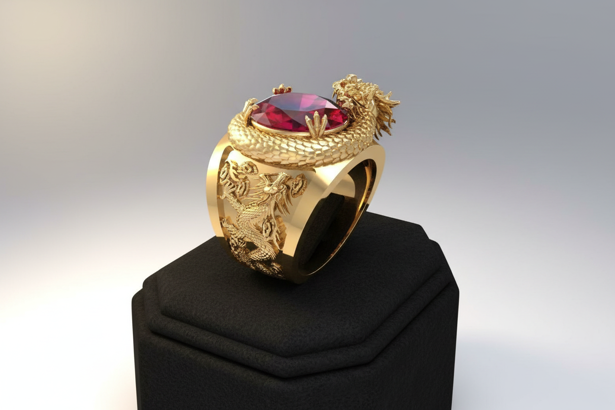 Huitan Luxury Gold Color Dragon Pattern Men Rings Inlaid Big Oval Red Stone Noble Wedding Party Finger Rings Male Trendy Jewelry