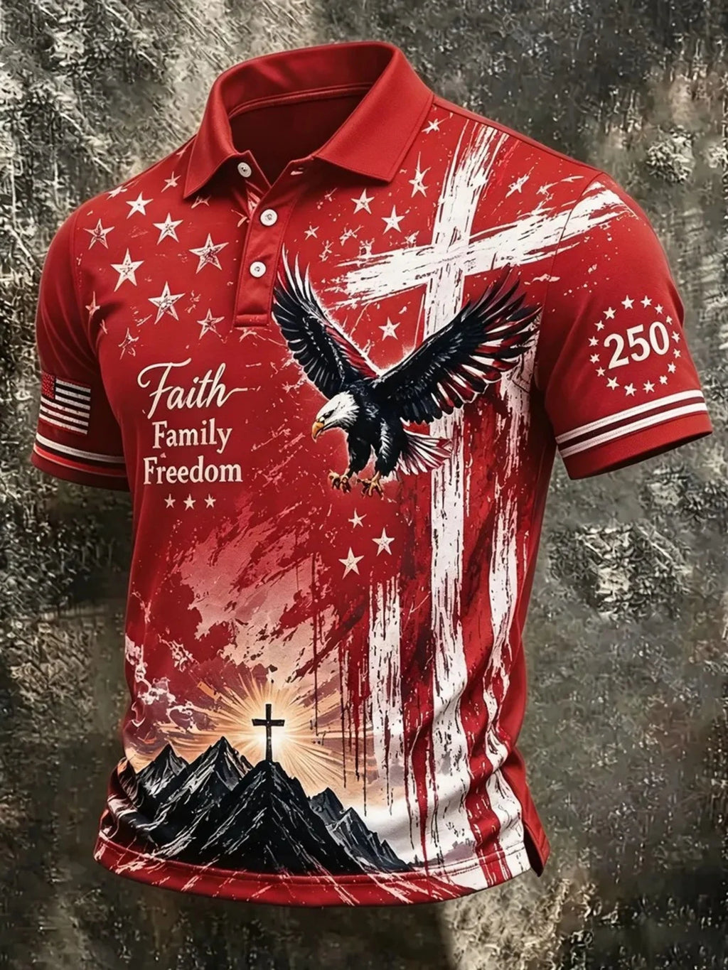 Men's Christian Patriotic Shirt, Fully Printed with an of an and a Mountain at Sunrise, Featuring Words Faith, Family, Freedom