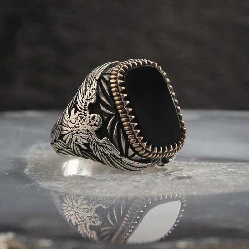 Men's Ring Retro Style Alloy Material Antique Silver Color Pattern Mysterious Artificial Zircon Inlay Trendy Party Luxury