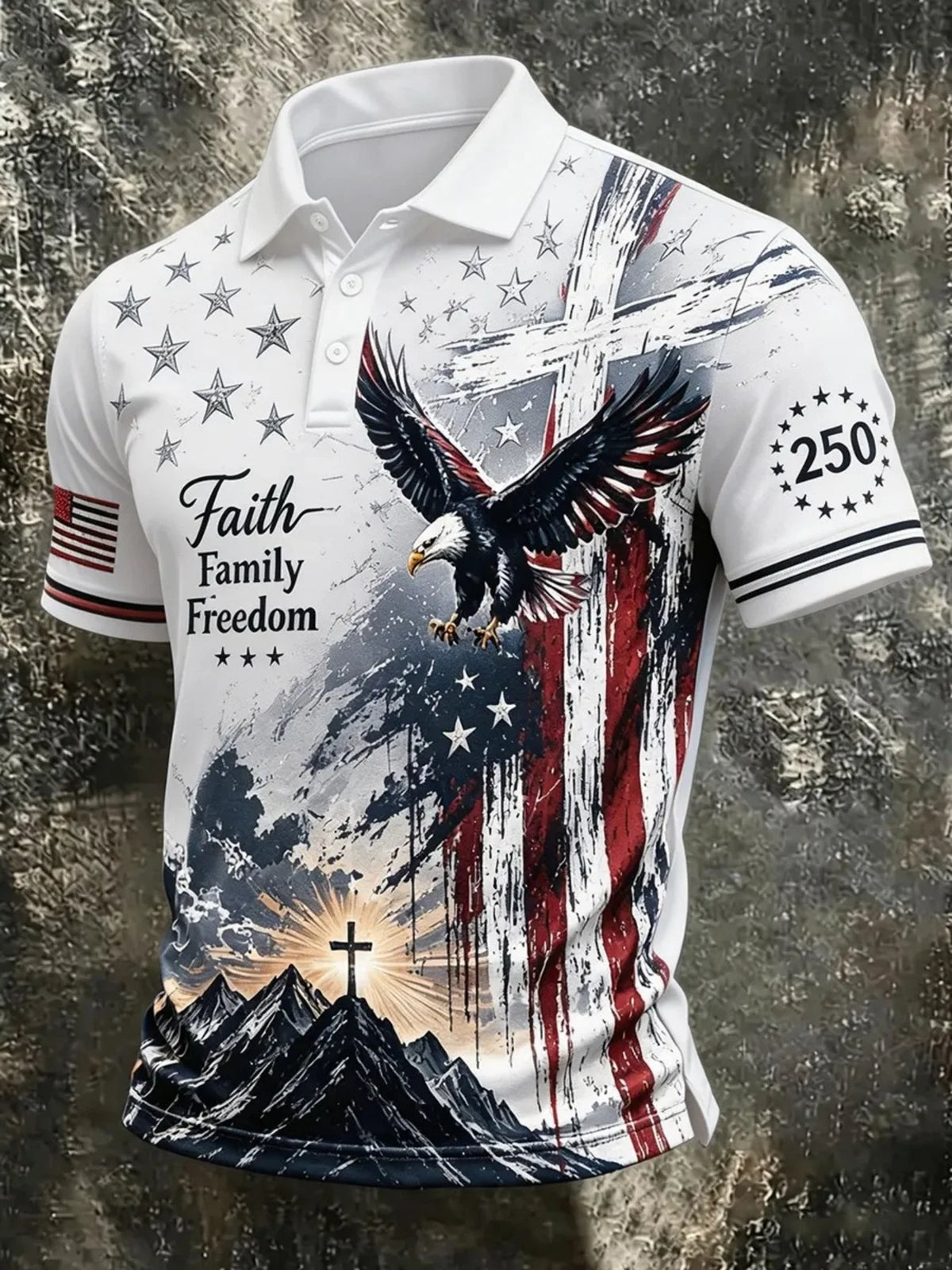 Men's Christian Patriotic Shirt, Fully Printed with an of an and a Mountain at Sunrise, Featuring Words Faith, Family, Freedom