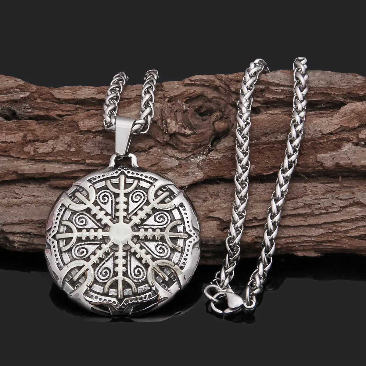 Viking Jewelry's Double-Sided Silver Plated Stainless Steel Pendant Trendy Vintage Butterfly Shape Compass Runes July Birthstone