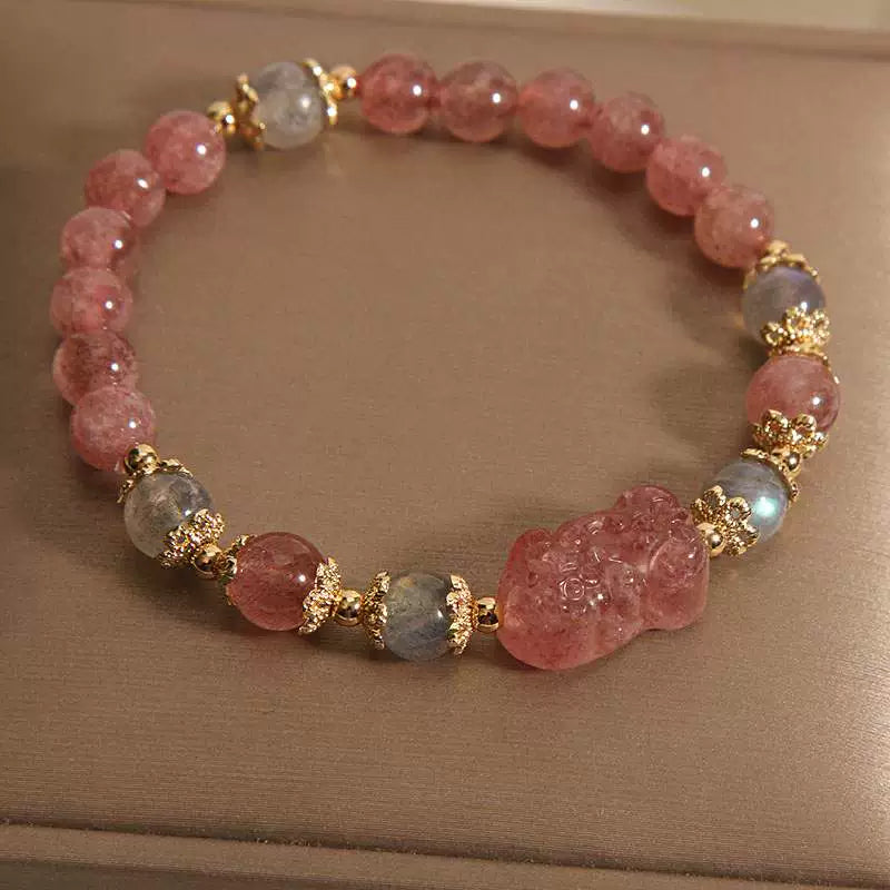 Light Luxury Peach Blossom Natural Pink Crystal Strawberry Crystal Bracelet Women Ins Niche Lucky Lucky Bracelet Girlfriends