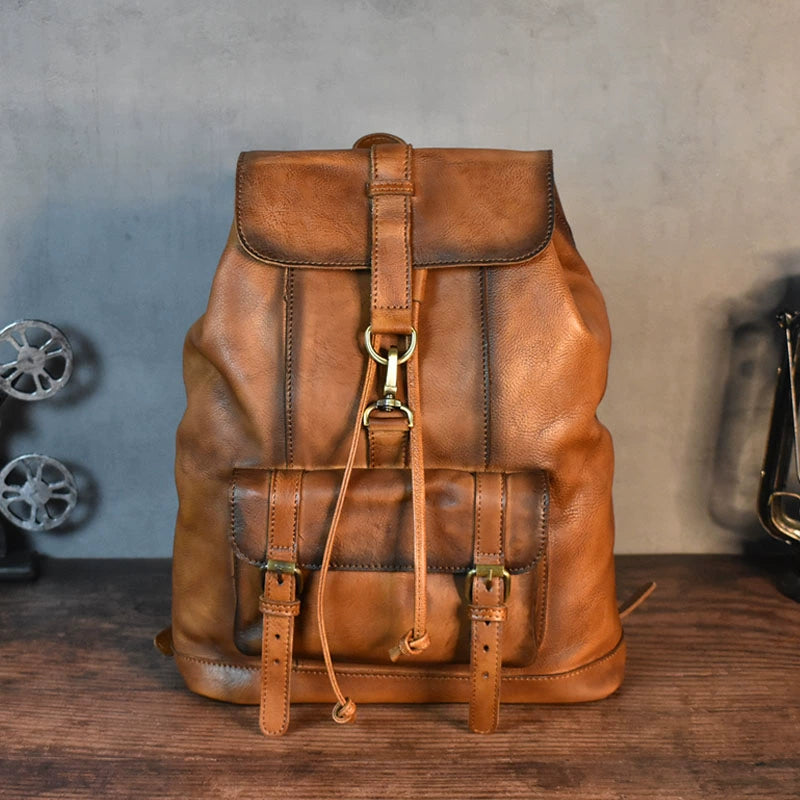 Retro Hand-Rub Color Vegetable Tanned Leather Backpack Men's Bag Casual Travel Leather Backpack 14-Inch Laptop Bag