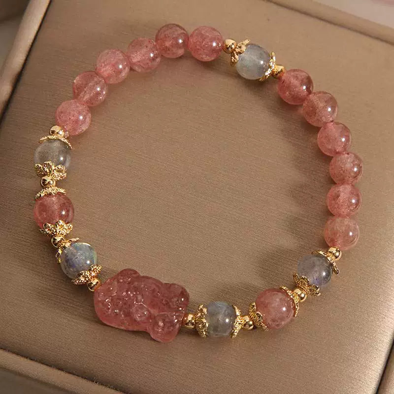Light Luxury Peach Blossom Natural Pink Crystal Strawberry Crystal Bracelet Women Ins Niche Lucky Lucky Bracelet Girlfriends