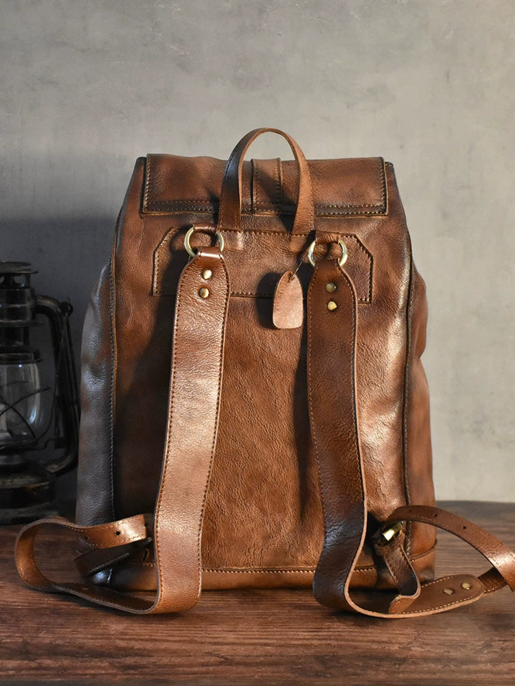 Retro Hand-Rub Color Vegetable Tanned Leather Backpack Men's Bag Casual Travel Leather Backpack 14-Inch Laptop Bag