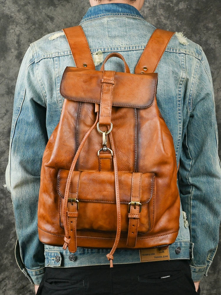 Retro Hand-Rub Color Vegetable Tanned Leather Backpack Men's Bag Casual Travel Leather Backpack 14-Inch Laptop Bag