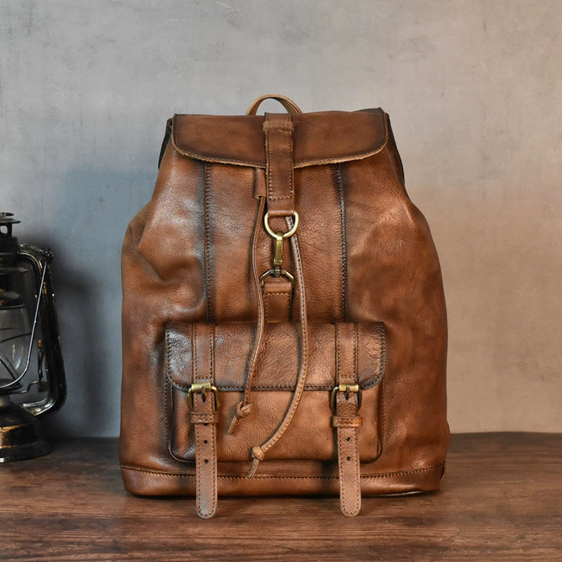 Retro Hand-Rub Color Vegetable Tanned Leather Backpack Men's Bag Casual Travel Leather Backpack 14-Inch Laptop Bag