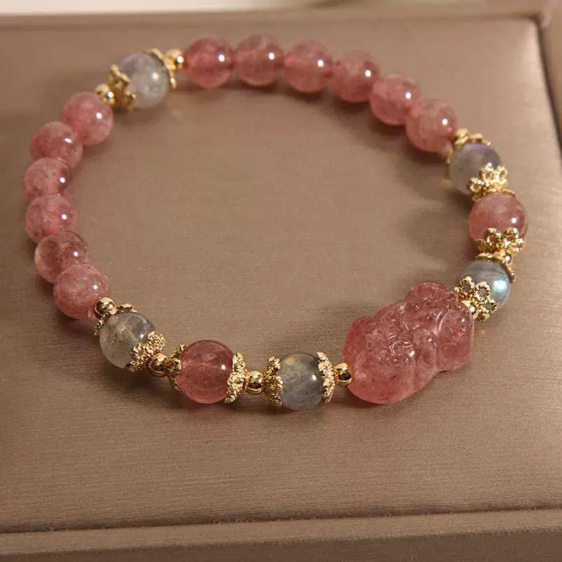 Light Luxury Peach Blossom Natural Pink Crystal Strawberry Crystal Bracelet Women Ins Niche Lucky Lucky Bracelet Girlfriends