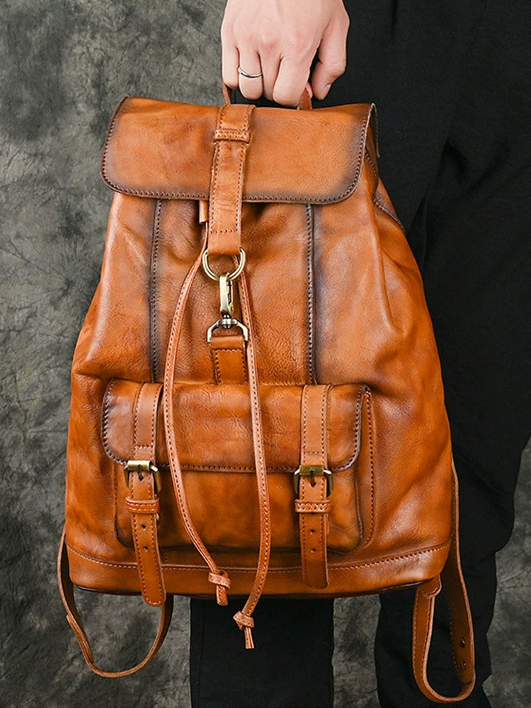 Retro Hand-Rub Color Vegetable Tanned Leather Backpack Men's Bag Casual Travel Leather Backpack 14-Inch Laptop Bag