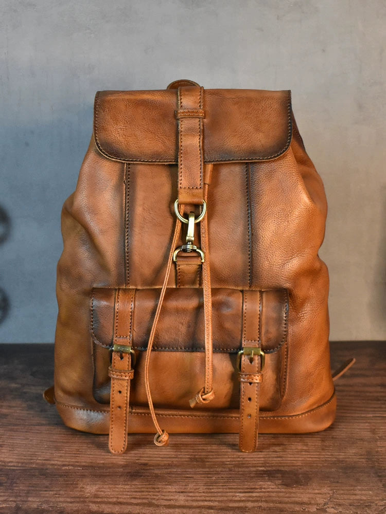 Retro Hand-Rub Color Vegetable Tanned Leather Backpack Men's Bag Casual Travel Leather Backpack 14-Inch Laptop Bag