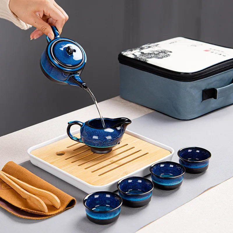 Ceramic Kung Fu Travel Tea Set Set Tianmu Glaze Kiln One Pot Four Cup Outdoor Travel Chinese Tea Set with Tote Bag Portable Gift