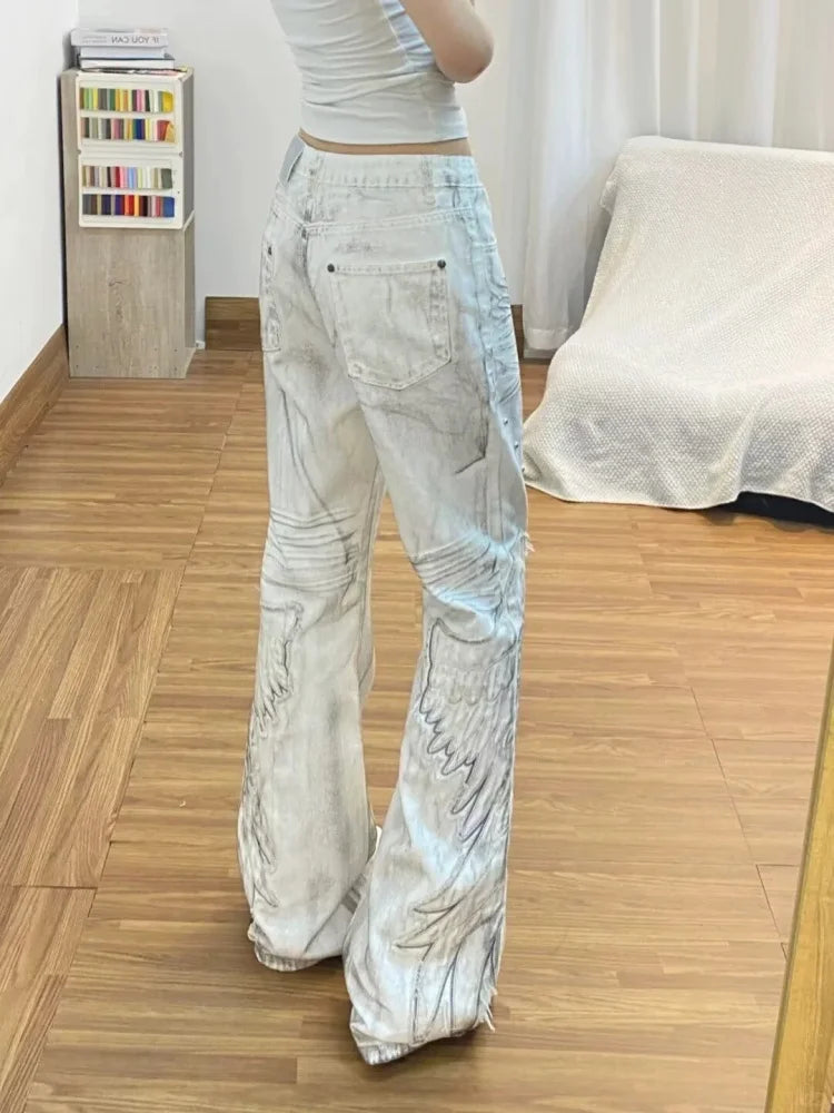 2026 Cyber Y2K Streetwear Dirty Washed White Baggy Women's Flared Jeans Pants For Woman Clothing Wing Embroidery Long Trousers