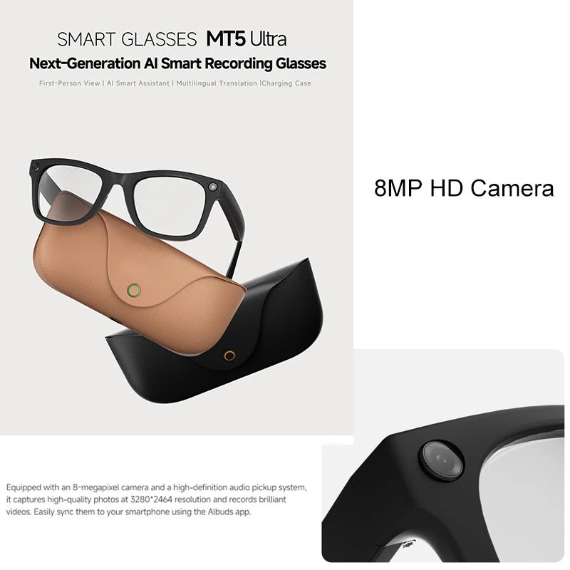 2026 Smart Glasses Genuine Leather 8MP HD Lens 2000Mah Charging Case BT Call 3D Music AI Voice Wake-up AI Translation
