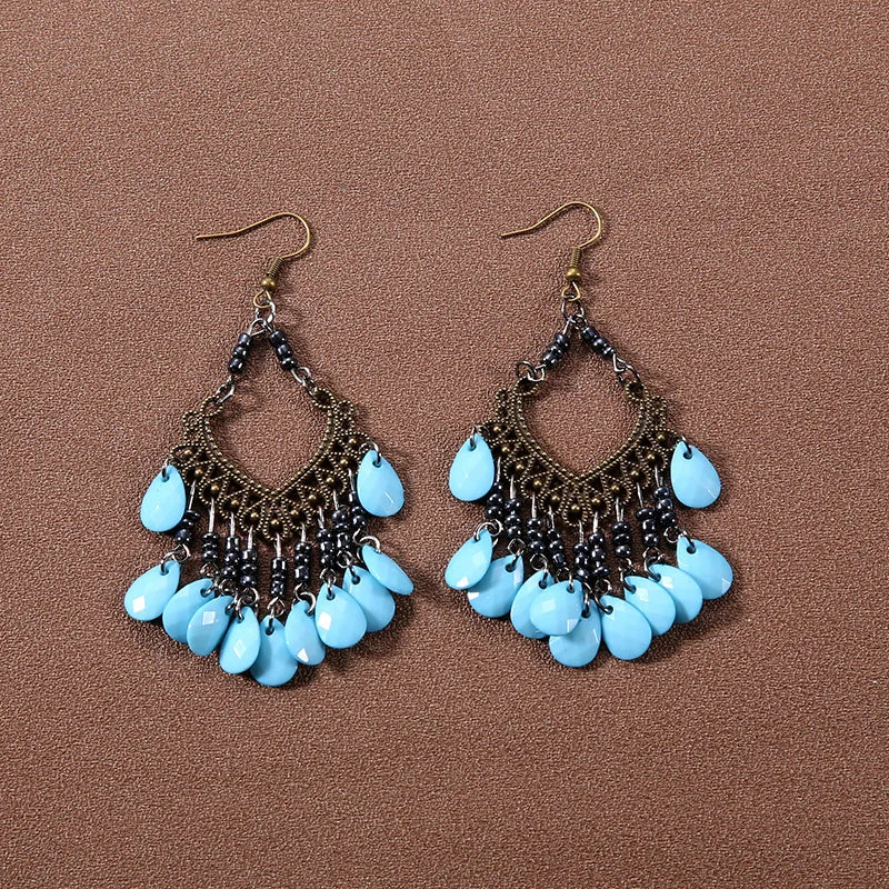 Bohemian fringed turquoise personality temperament earrings jewelry