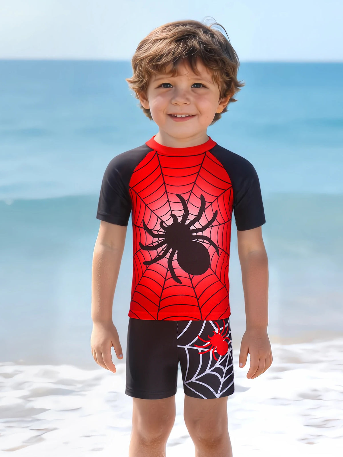 Boys Swimsuit Set Two Piece Spider Print Bathing Suit Short Sleeve Swim Shirts with Trunks Quick Dry Beachwear