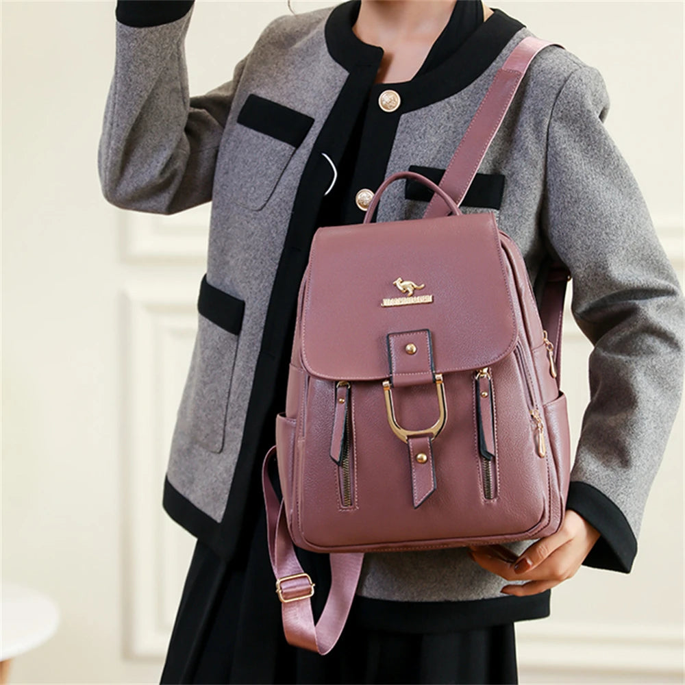Luxury Designer High Quality Leather Ladies Backpack Solid Color Ladies Anti-theft Backpack Fashion New Women Bag Bolsa Feminina