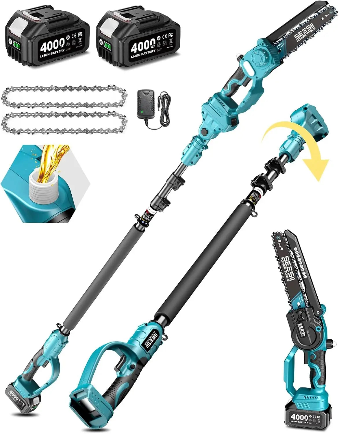 SEESII 2-in-1 Cordless 8 Inch Pole Saw & Mini Chainsaw with 2.5M Extension Pole for Tree Trimming Limb Cutter Prune for Makita 18V battery