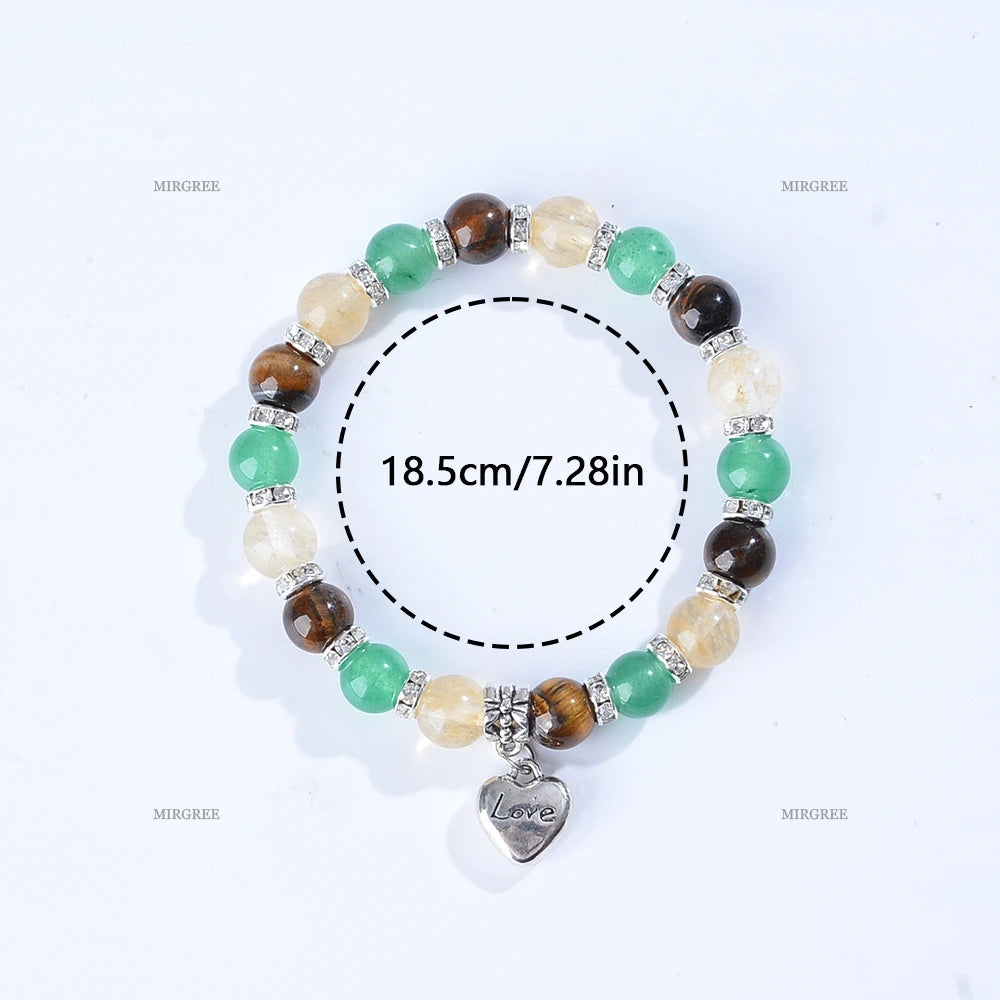 2pcs Bracelet Set, Multi-layer Bead Bracelet with Silver Heart Pendant, Ideal Gift for Crystal Enthusiasts and Bohemians