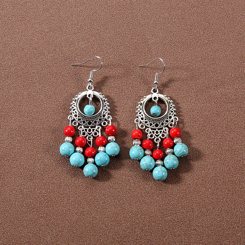 Bohemian fringed turquoise personality temperament earrings jewelry