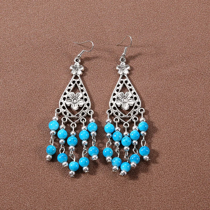 Bohemian fringed turquoise personality temperament earrings jewelry