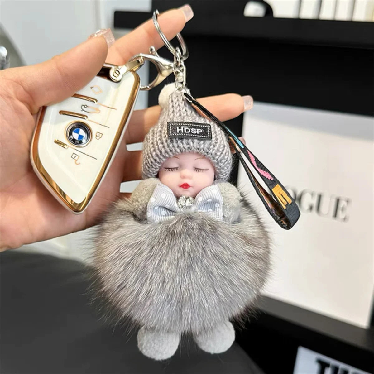 Real fox fur doll car keychain pendant cute plush doll school bag pendant couple gift