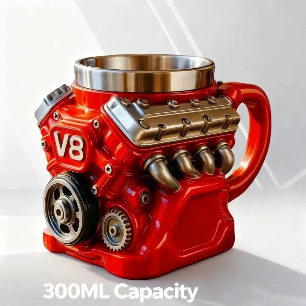 Retro Engine Coffee Mug Double Wall 300ML V8 Engines Stainless Steel Cup with Handle Realistic Design Insulation Car Mug