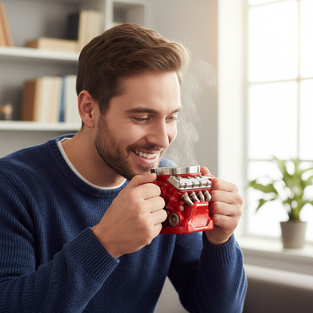 Retro Engine Coffee Mug Double Wall 300ML V8 Engines Stainless Steel Cup with Handle Realistic Design Insulation Car Mug