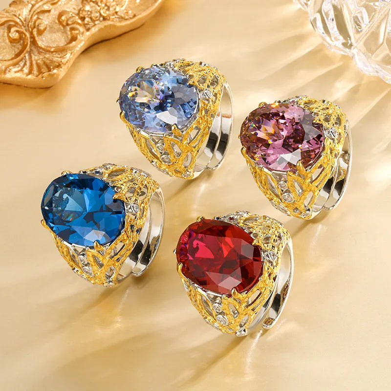 Women's Adjustable Hollow Statement Ring Vintage Two Tone Filigree Ring with Large Oval Red Blue Gemstone Fashion Party Jewelry