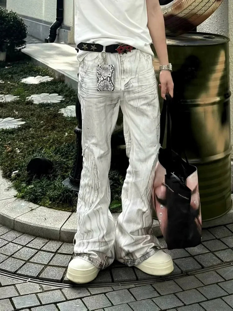 2026 Punk Y2K Style Dirty Washed White Patchwork Baggy Flared Stacked Jeans Pants For Men Clothing Streetwear Goth Long Trousers