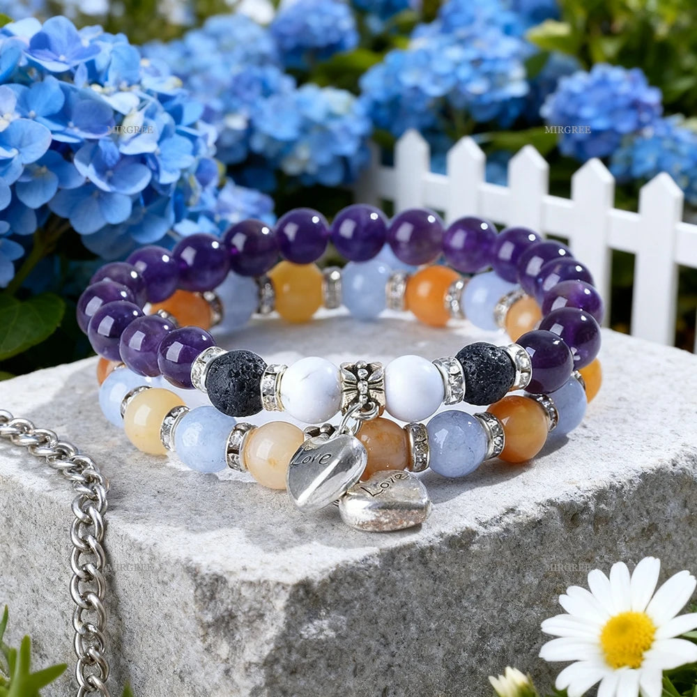 2pcs Bracelet Set, Multi-layer Bead Bracelet with Silver Heart Pendant, Ideal Gift for Crystal Enthusiasts and Bohemians