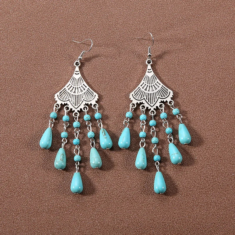 Bohemian fringed turquoise personality temperament earrings jewelry