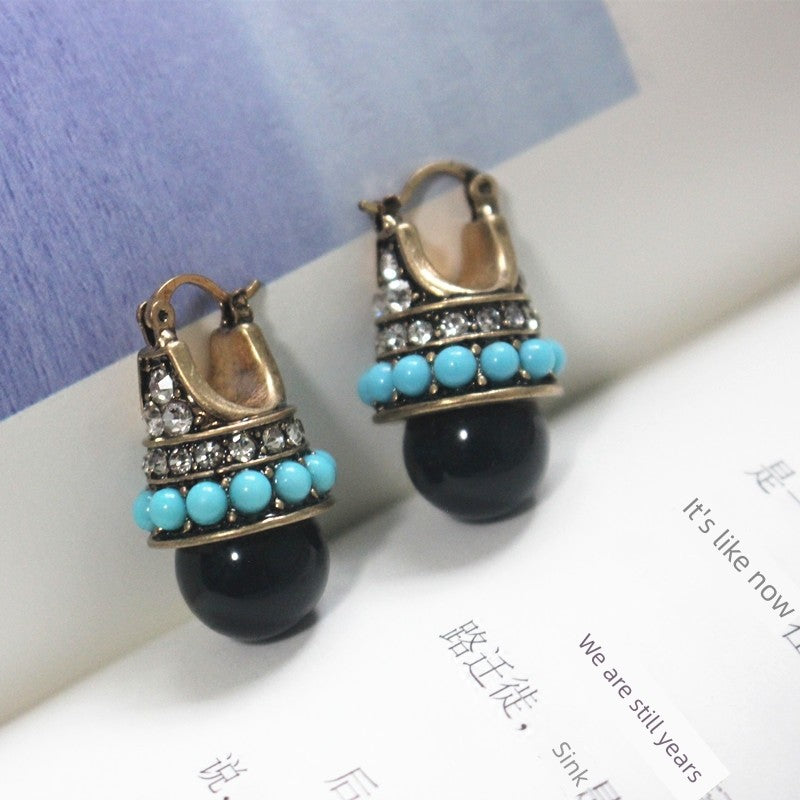 Jeweled Pendant Eardrops Earrings Antique Women Black Onyx