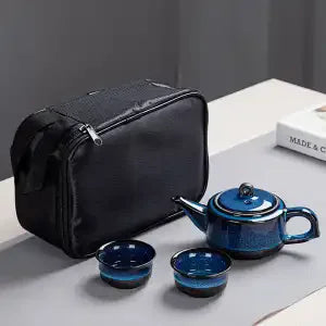 Ceramic Kung Fu Travel Tea Set Set Tianmu Glaze Kiln One Pot Four Cup Outdoor Travel Chinese Tea Set with Tote Bag Portable Gift