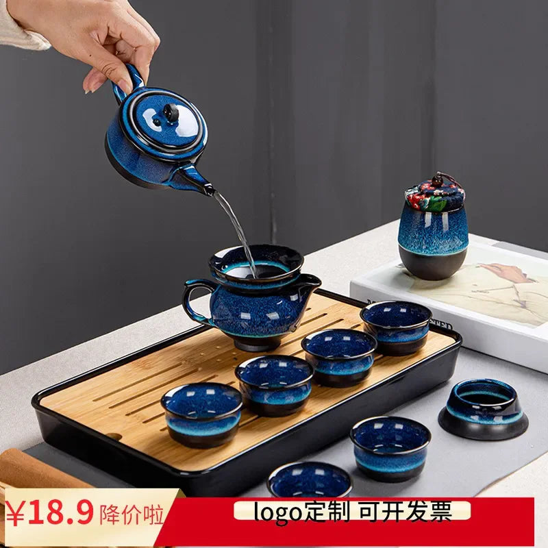 Ceramic Kung Fu Travel Tea Set Set Tianmu Glaze Kiln One Pot Four Cup Outdoor Travel Chinese Tea Set with Tote Bag Portable Gift