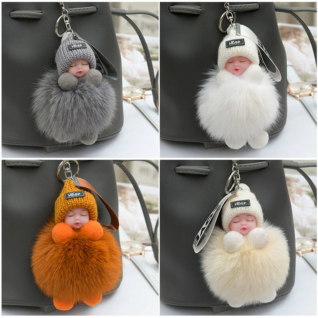 Real fox fur doll car keychain pendant cute plush doll school bag pendant couple gift