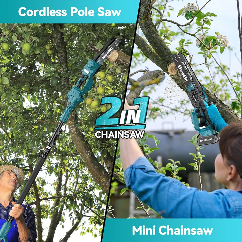 SEESII 2-in-1 Cordless 8 Inch Pole Saw & Mini Chainsaw with 2.5M Extension Pole for Tree Trimming Limb Cutter Prune for Makita 18V battery
