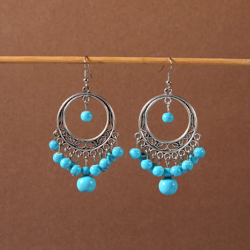 Bohemian fringed turquoise personality temperament earrings jewelry