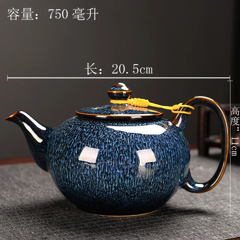 750ML Tianmu Glazed Kiln Transformed Into A Lifting Beam Pot Large Capacity Ceramic Teapot Household Kung Fu Tea Set