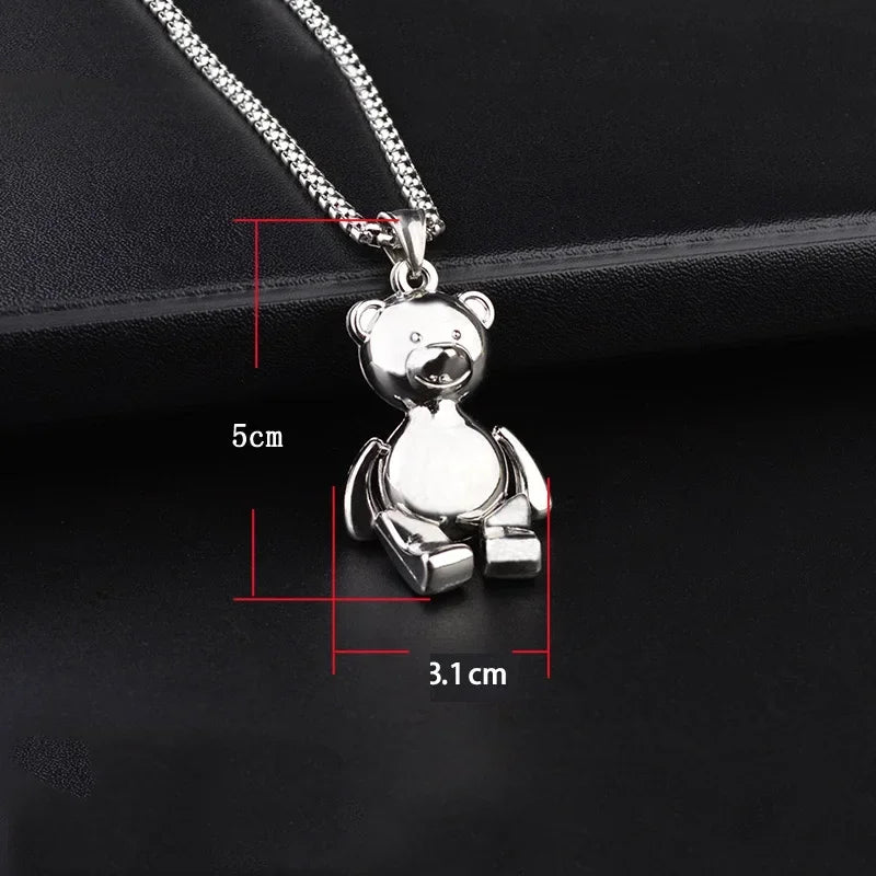 Rotatable Bear Doll Pendant Stainless Steel Necklace Men and Women Hip-hop Personality Simple Cartoon Sweater Chain Wholesale