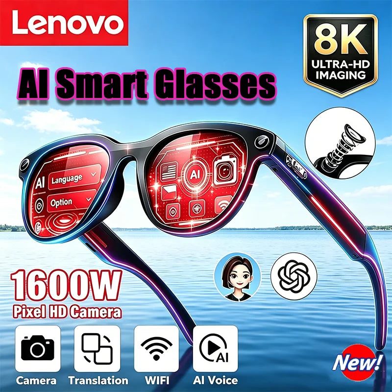 Lenovo 8K HD Smart Glasses 1600W Pixels Camera Shooting Image AI Translation Conversation Recording Music Smart Glasses 2026 New
