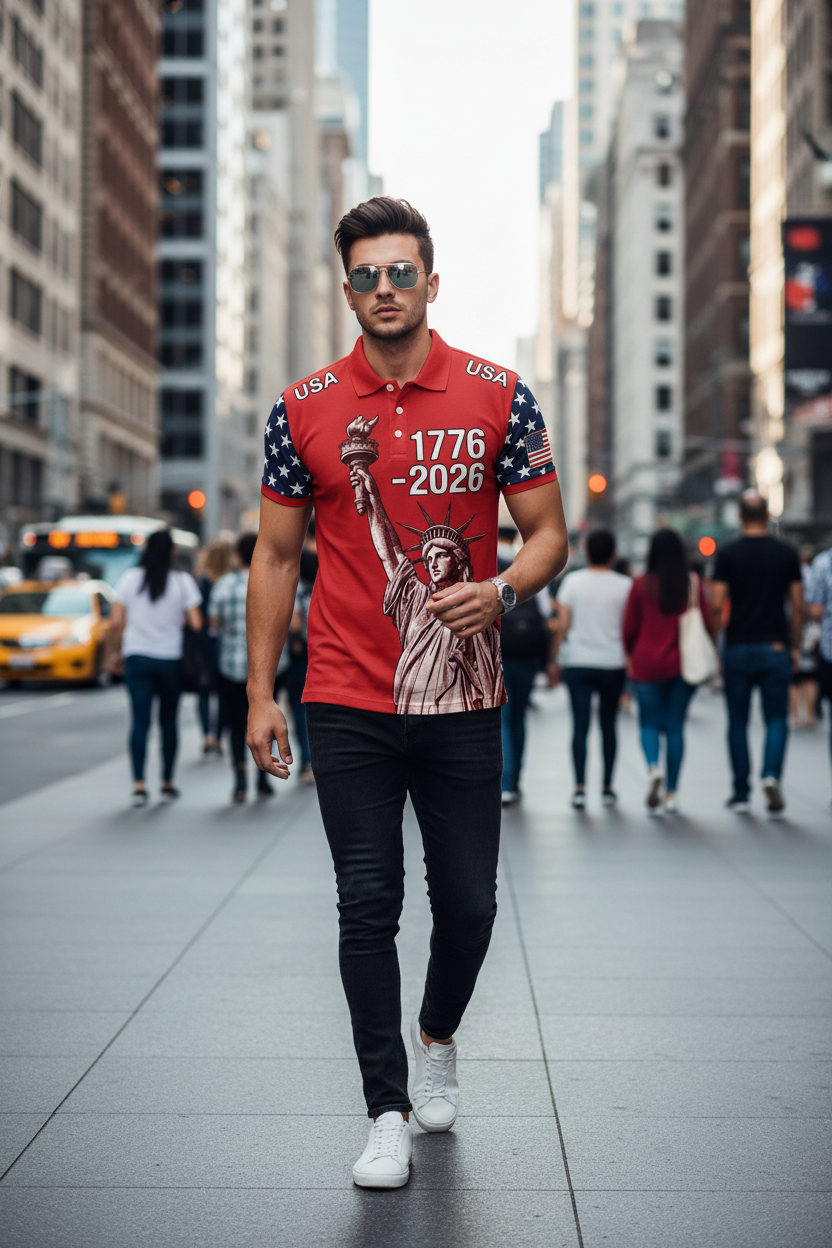 Custom American Flag Statue Of Liberty Couple Polo Shirt Men Women USA 250 Patriotic Print Casual Streetwear Sportswear Shirts
