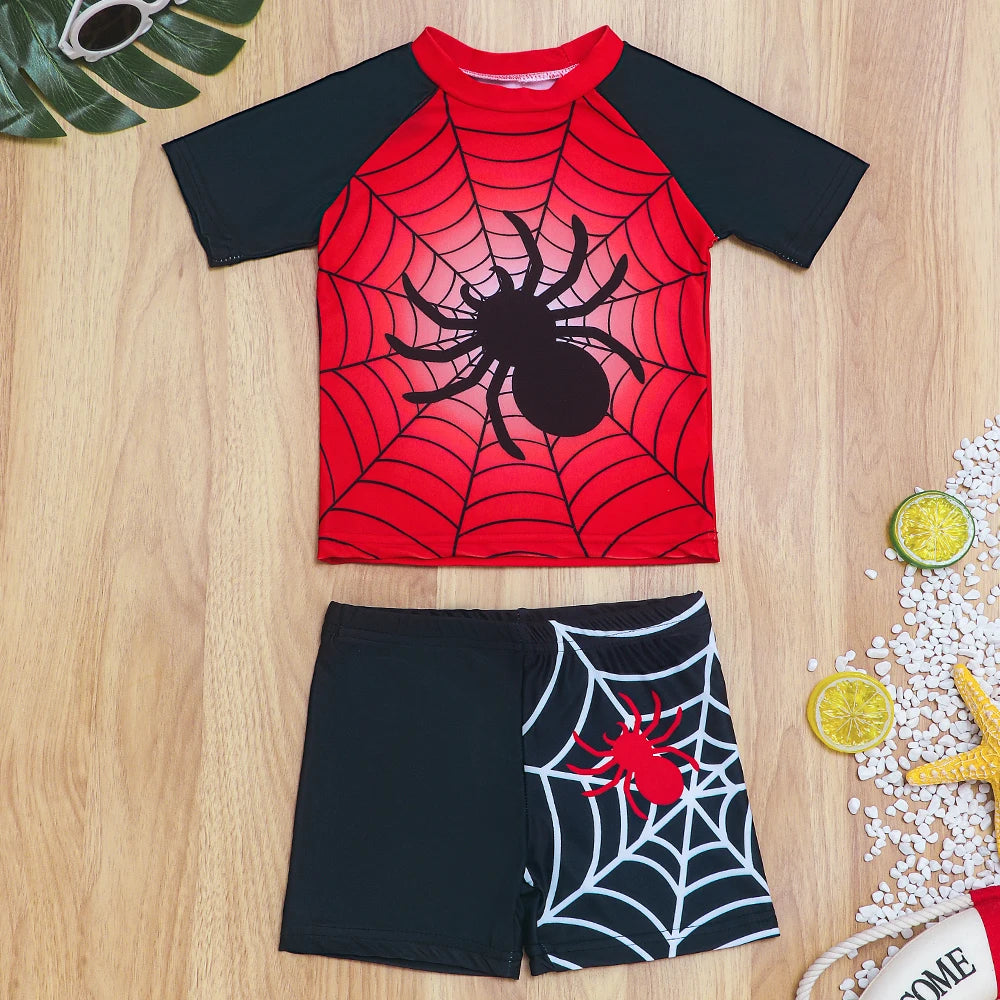 Boys Swimsuit Set Two Piece Spider Print Bathing Suit Short Sleeve Swim Shirts with Trunks Quick Dry Beachwear
