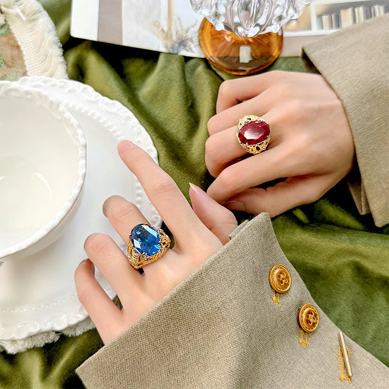 Women's Adjustable Hollow Statement Ring Vintage Two Tone Filigree Ring with Large Oval Red Blue Gemstone Fashion Party Jewelry