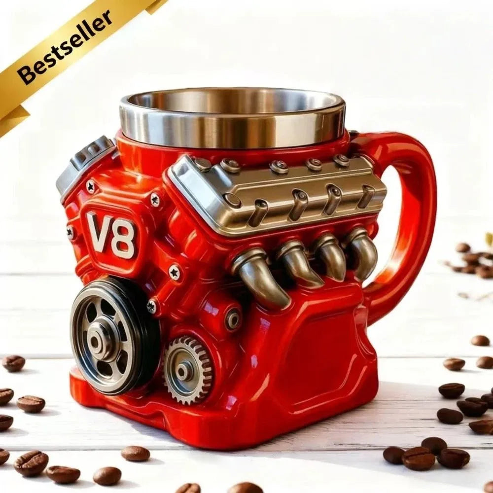 Retro Engine Coffee Mug Double Wall 300ML V8 Engines Stainless Steel Cup with Handle Realistic Design Insulation Car Mug